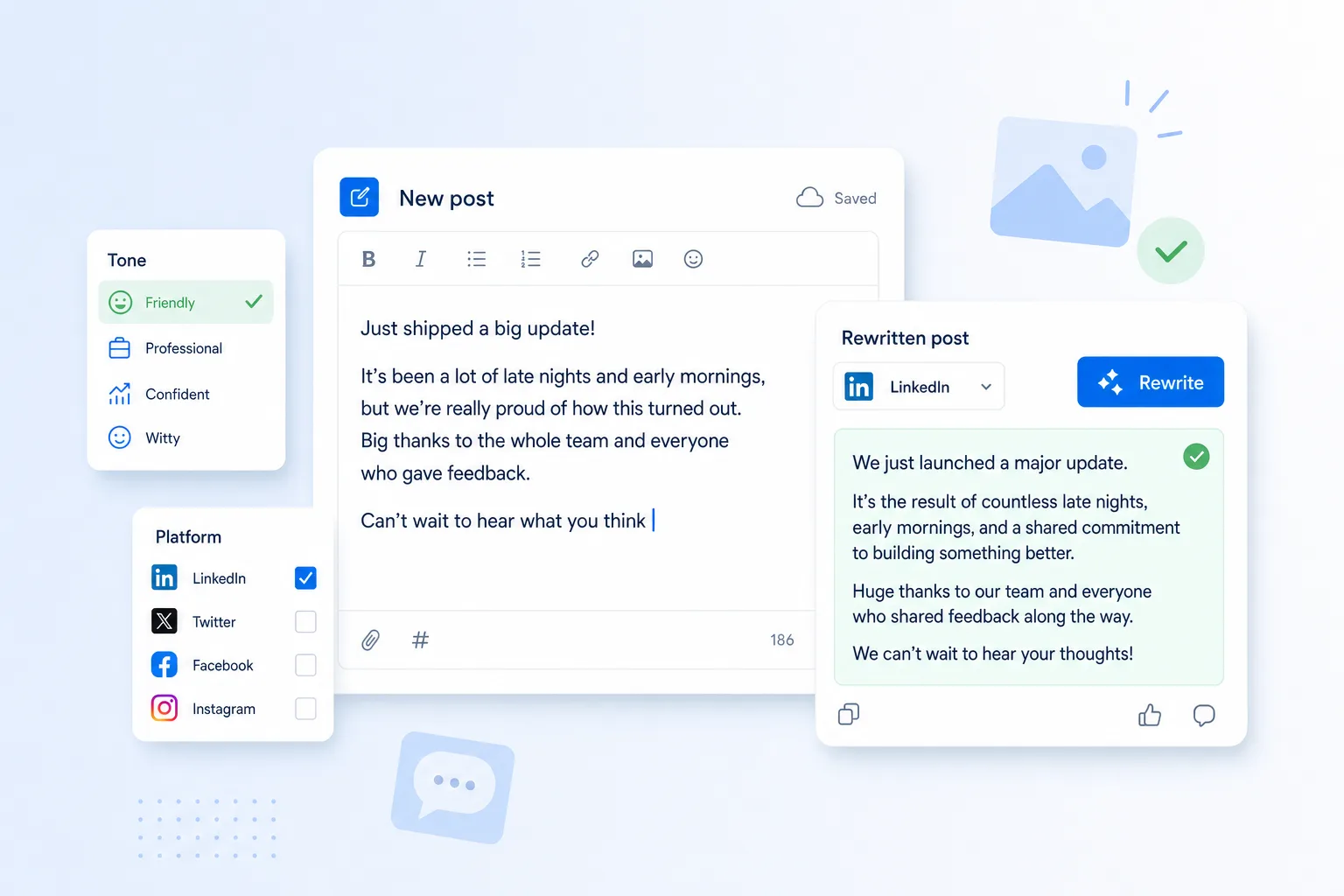 Editor showing a rough draft being rewritten into a polished, on-voice social post